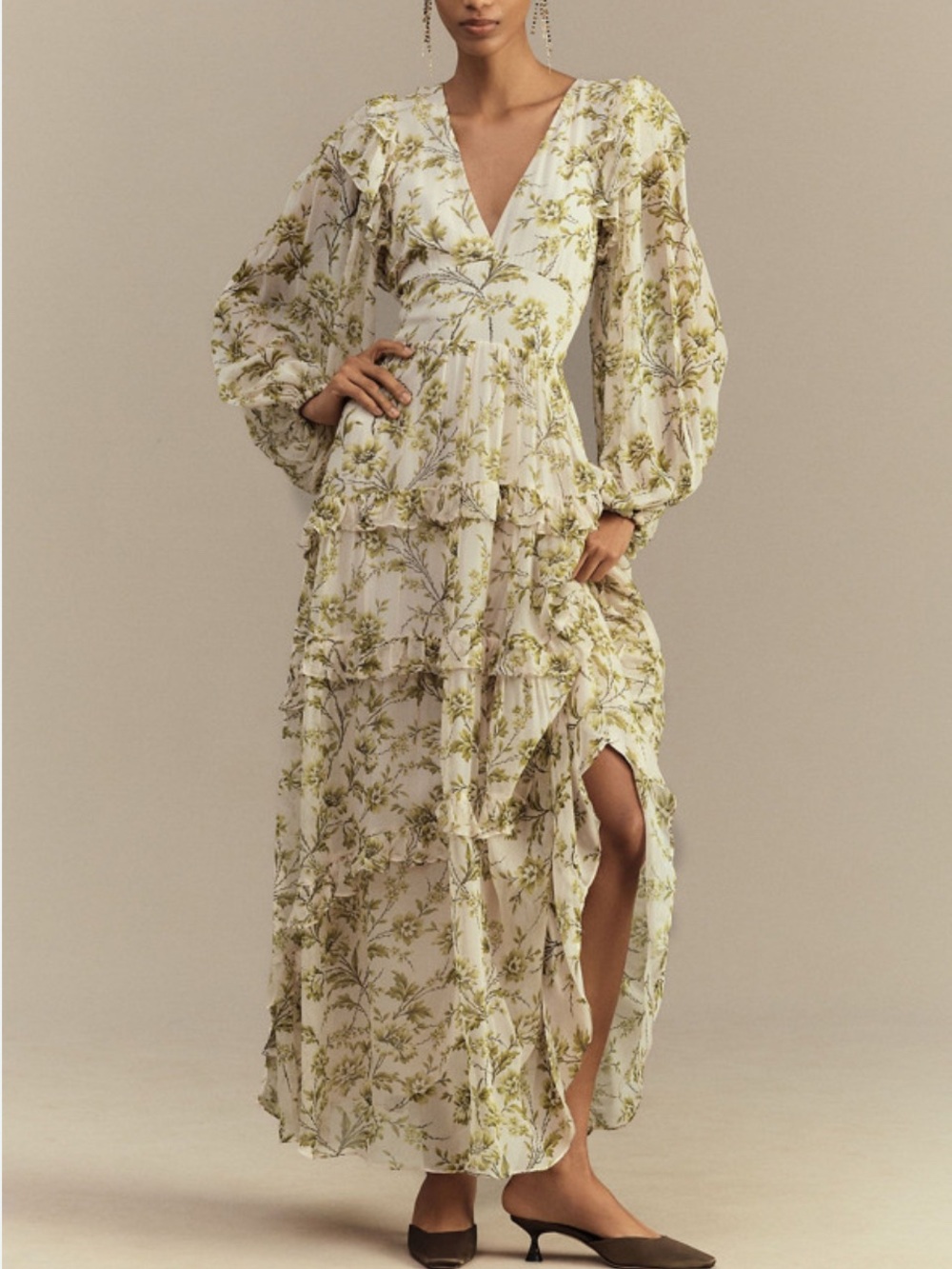 Anthropologie BHLDN Liana Printed V-Neck Long-Sleeve Maxi Dress size M